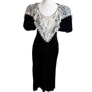 VINTAGE Cachet for Bari Protas Black Velvet Lace Dress With Puffy Sleeves Sz 5/6